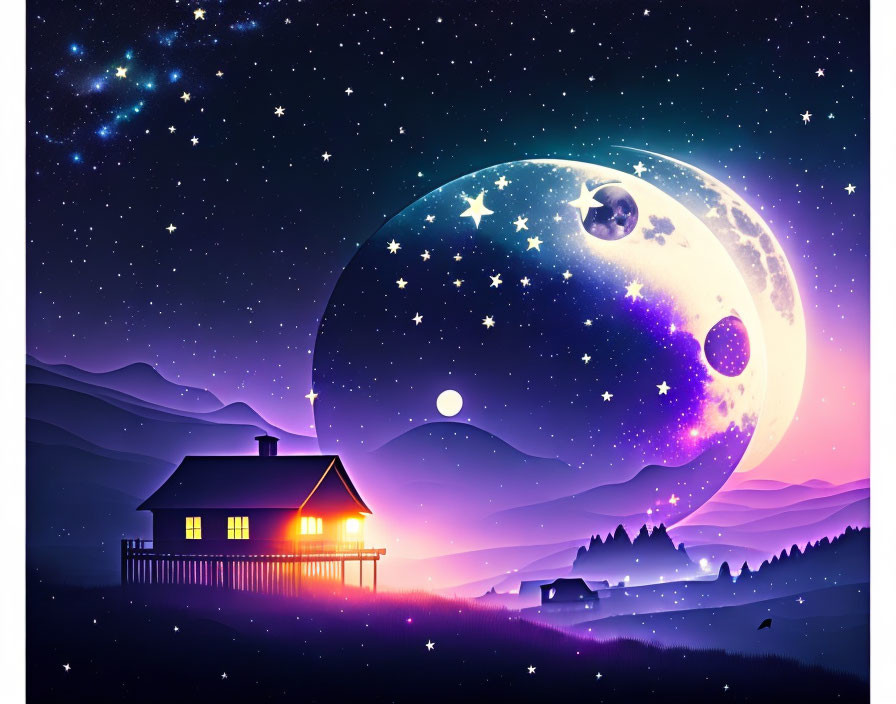 Night landscape with glowing house, oversized moon, and starry sky