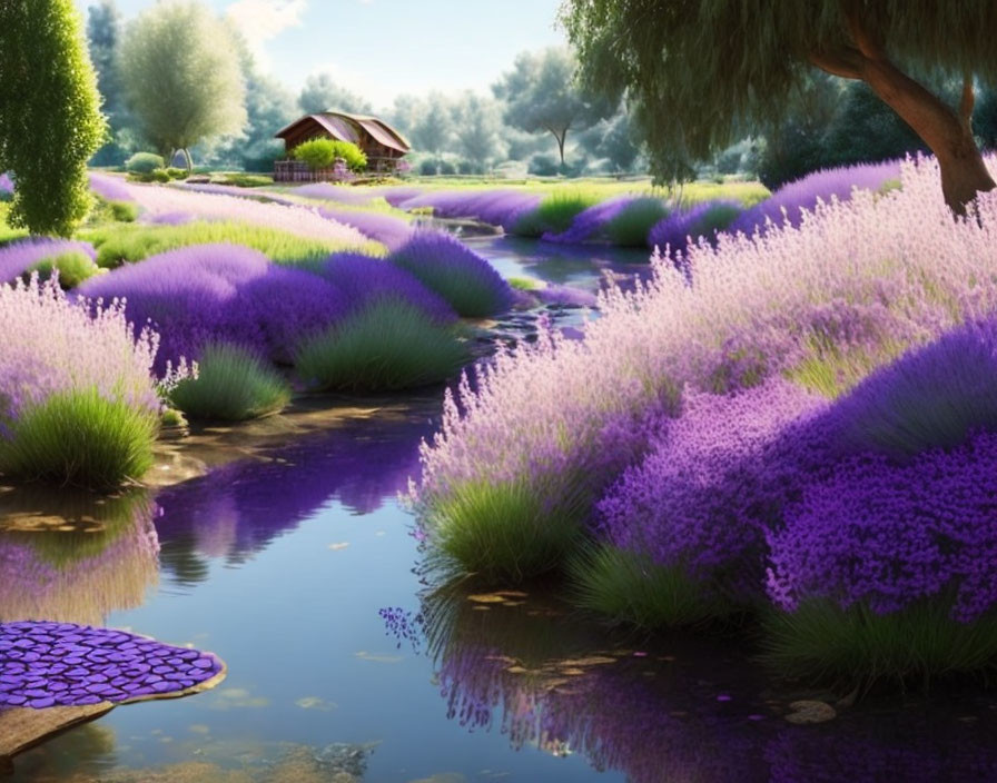 Serene river with lavender fields, house, and lush green trees