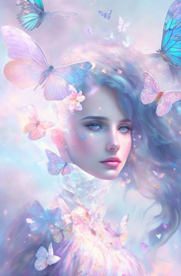 Colorful artwork of a woman with butterflies and floral details