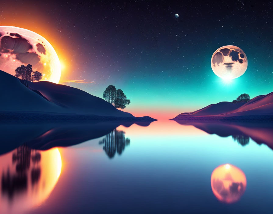 Surreal landscape with oversized moons, starry sky, calm lake, hills, and trees