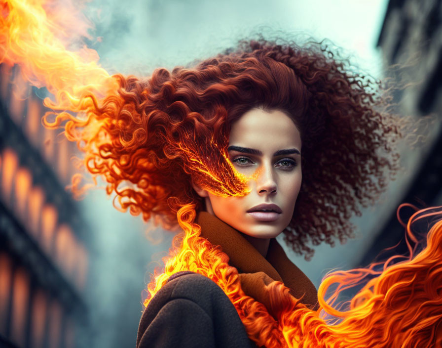 Woman with curly red hair turning into flames in urban setting.