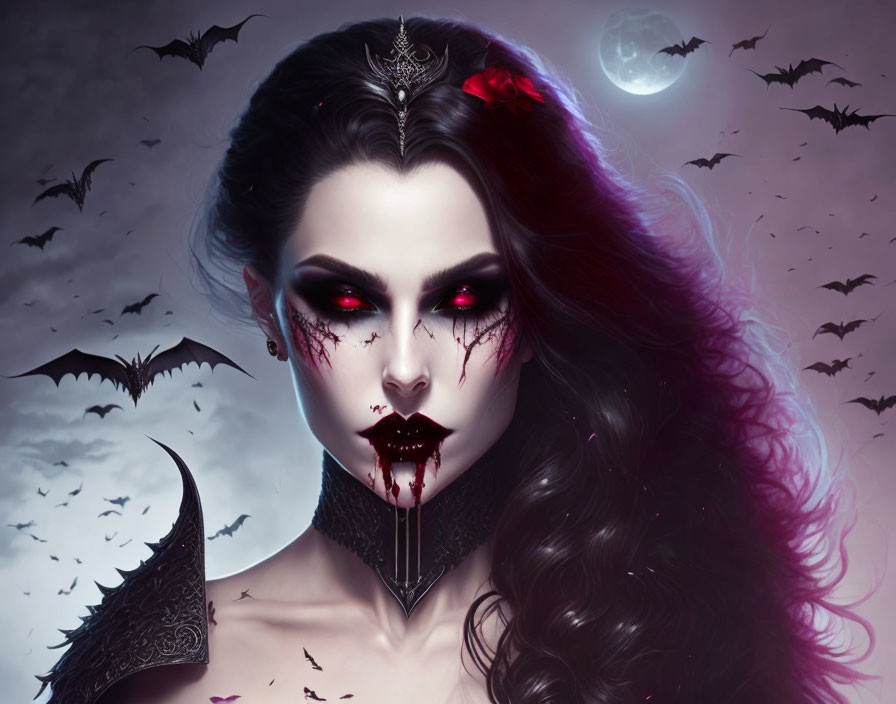 Gothic vampire woman with red eyes and bats under full moon