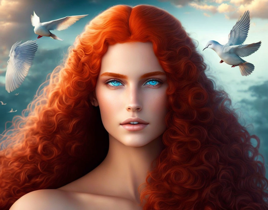 Vibrant red-haired woman with blue eyes and white birds in cloudy sky