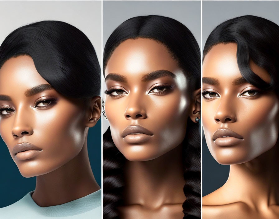 Three identical portraits of a woman with sleek hair and striking makeup on gradient blue to beige background