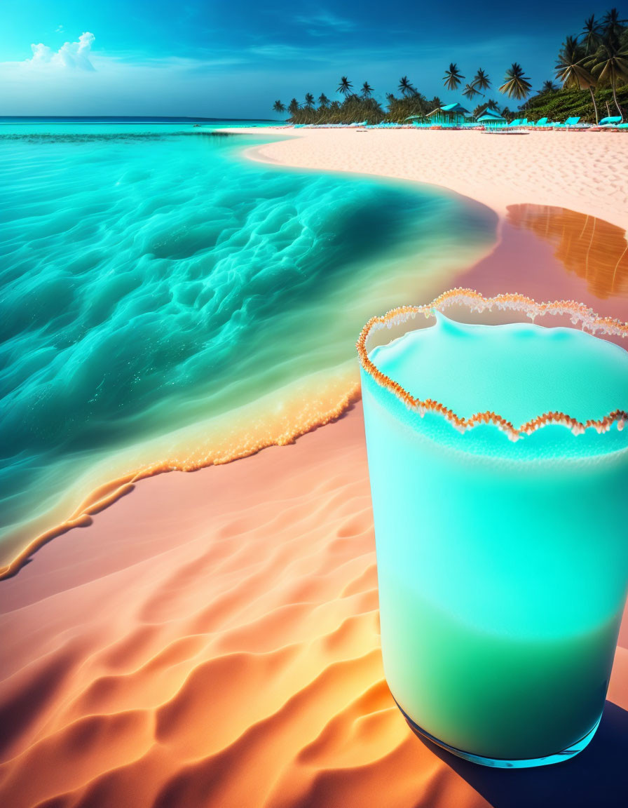 Blue drink with salted rim on sandy beach with turquoise waters, palm trees, blue sky