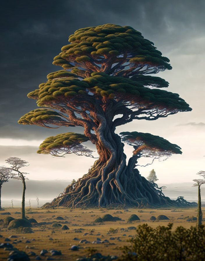 Majestic towering tree in savanna under dramatic cloudy sky