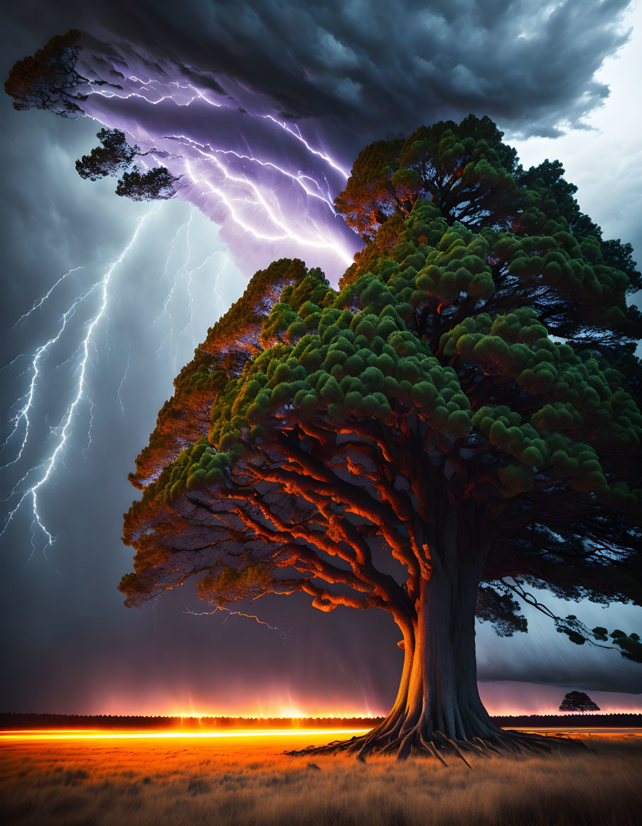 Majestic tree under stormy sky with lightning bolts and glowing leaves