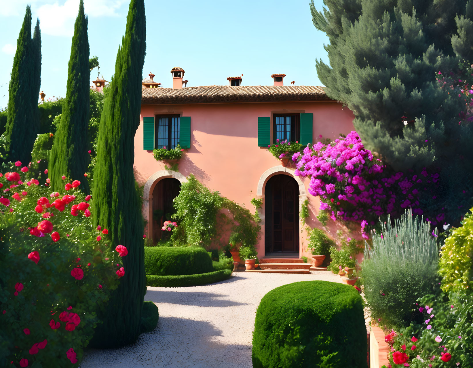 Pink Stucco House with Green Shutters and Lush Gardens