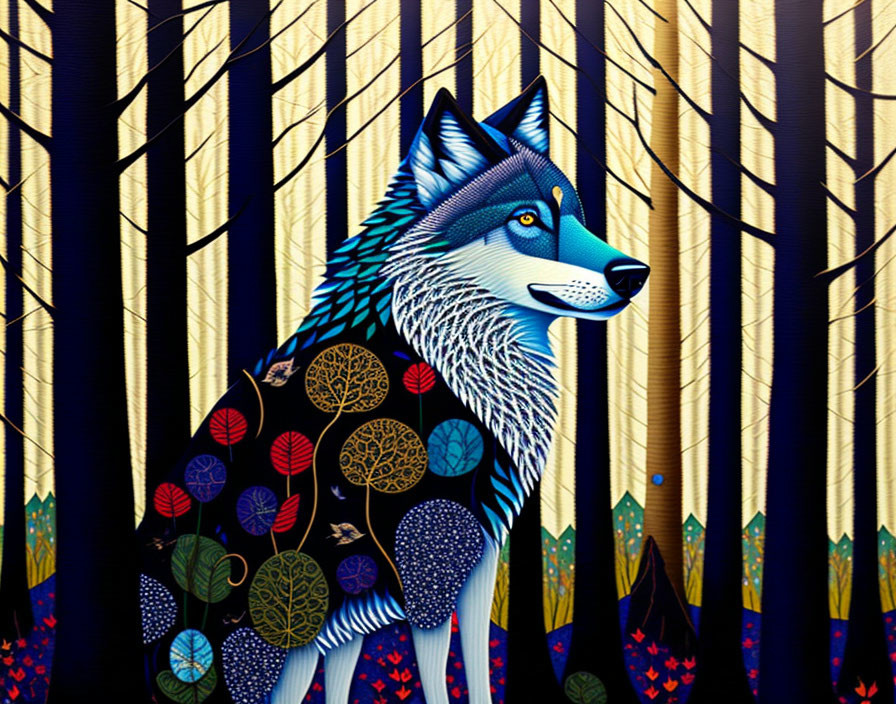 Colorful Wolf Illustration with Intricate Patterns in Forest Setting