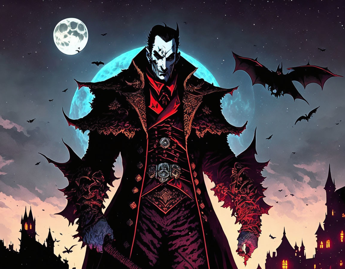 Gothic Dracula illustration with bats, full moon, and castle silhouette