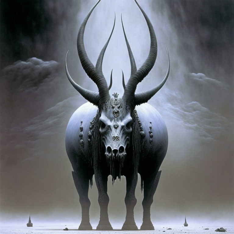 Skull-faced creature with curved horns in mystical setting