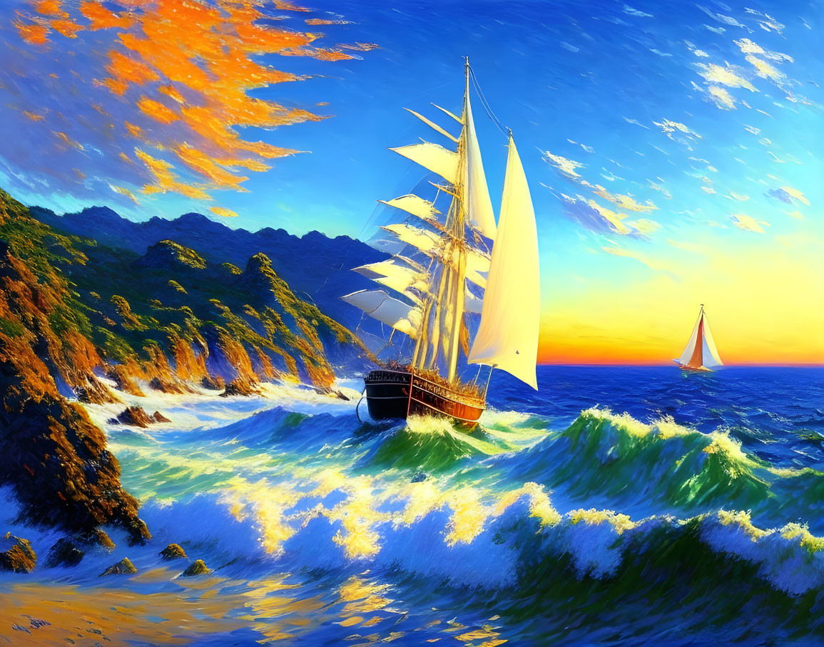 Colorful seascape painting: sailing ships, choppy waves, rocky coast, sunset sky