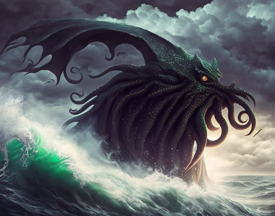 Gigantic sea monster with tentacles in stormy ocean scene