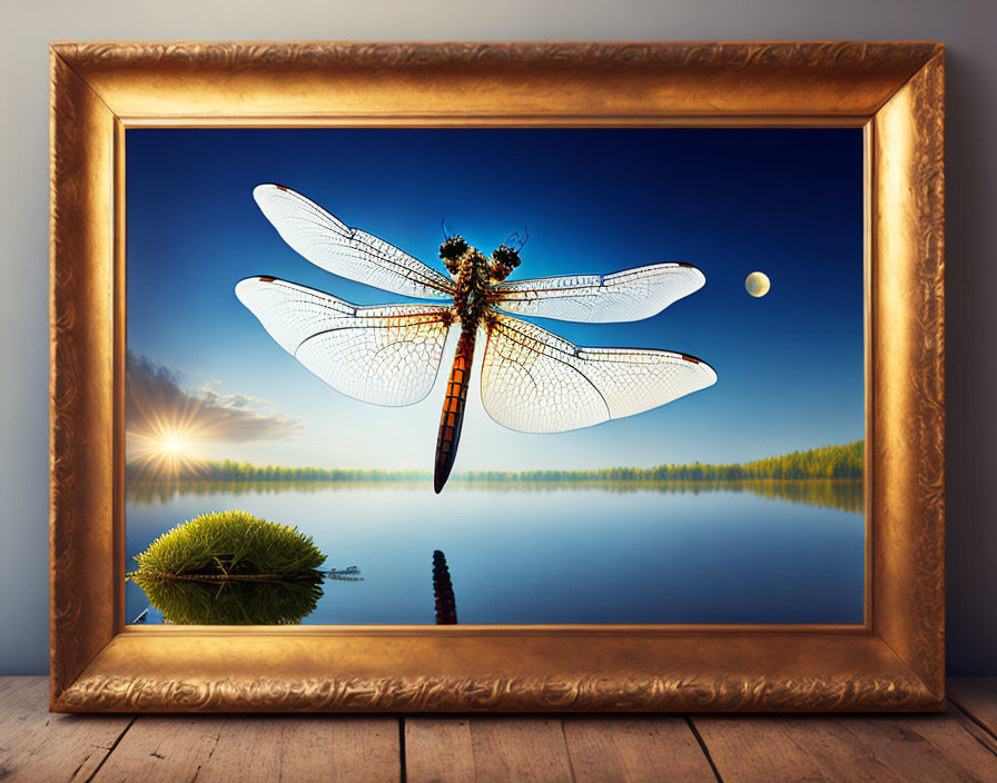 Surreal dragonfly over lake at sunset with moon in sky