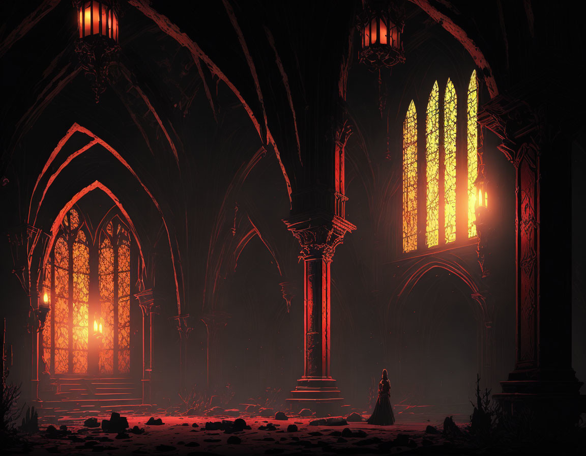 Cloaked Figure in Grand Gothic Cathedral with Intricate Windows