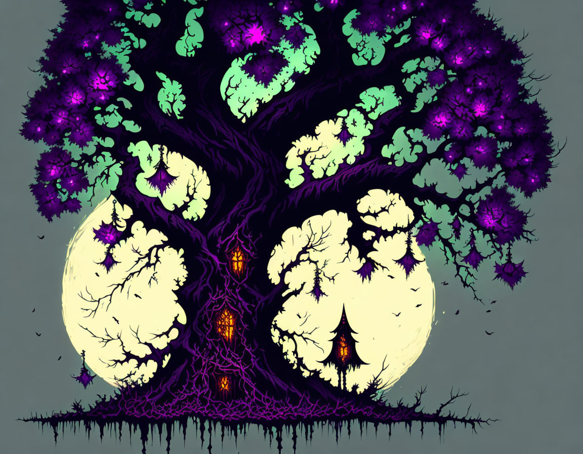 Spooky tree illustration with ghostly figures under full moon