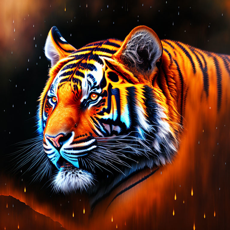 Colorful Tiger Face Staring in Dark Rainy Scene