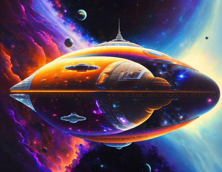 Colorful digital artwork: futuristic spaceships in cosmic scene