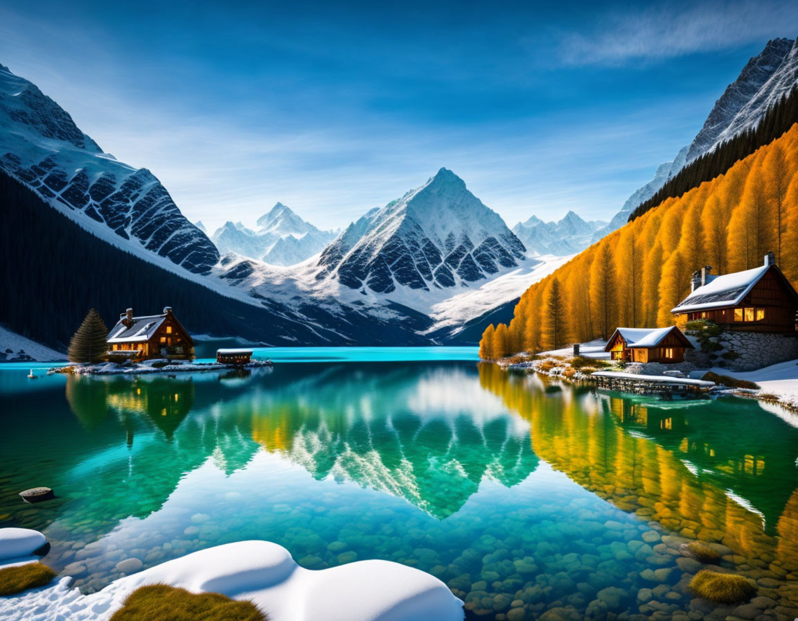 Scenic alpine lake with snow-capped mountains, autumn trees, and cabins