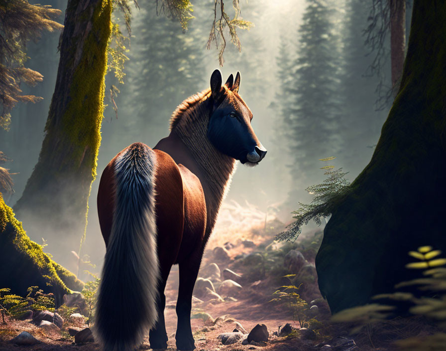 Brown horse in misty forest with sunbeams highlighting serene surroundings