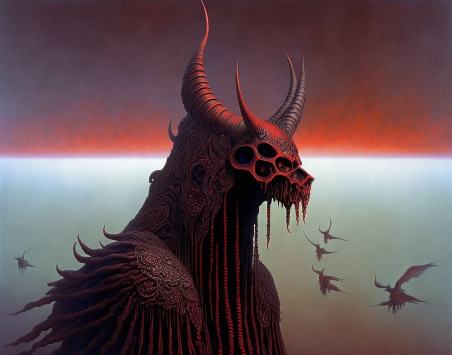 Horned creature in cloak against crimson sky with winged entities