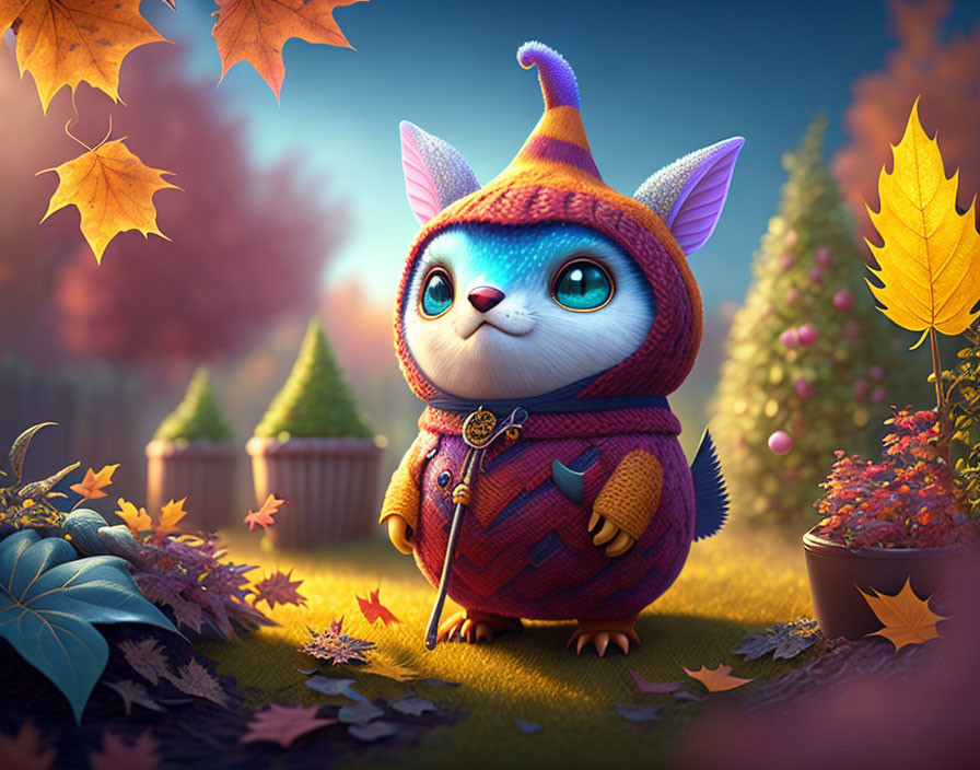 Colorful illustration of cute creature in autumn setting