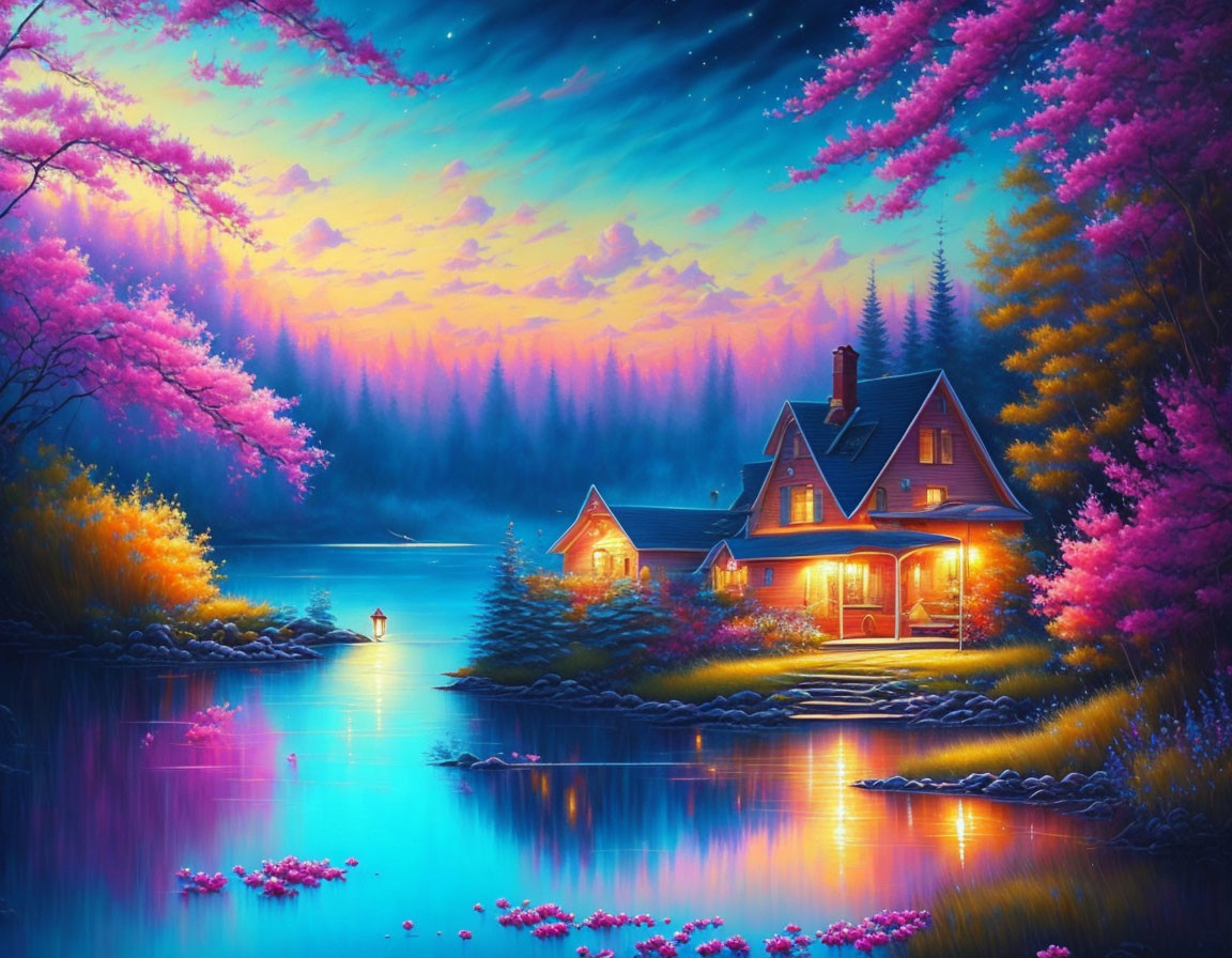 Vibrant lakeside house painting with pink trees and starry sky