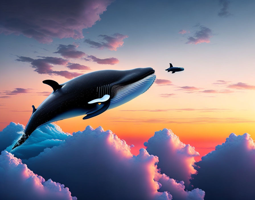 Whale flying above clouds with airplane silhouette at sunset