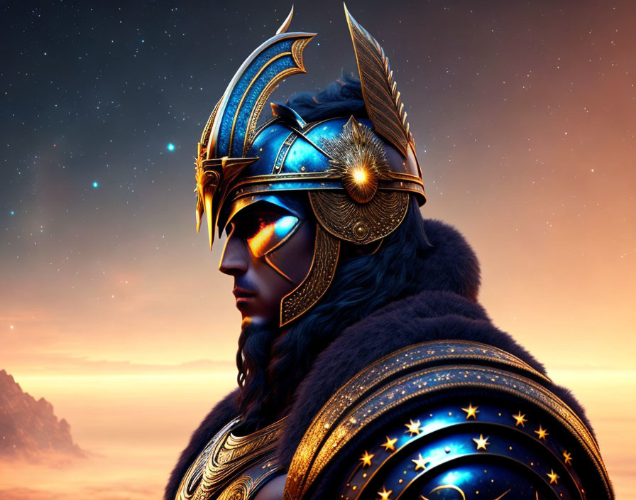 Celestial-themed armor digital artwork under star-lit sky