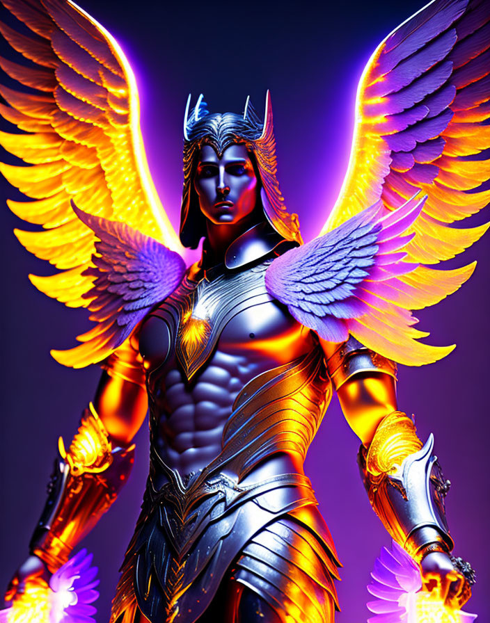 Mythical warrior with wings in detailed armor on purple background