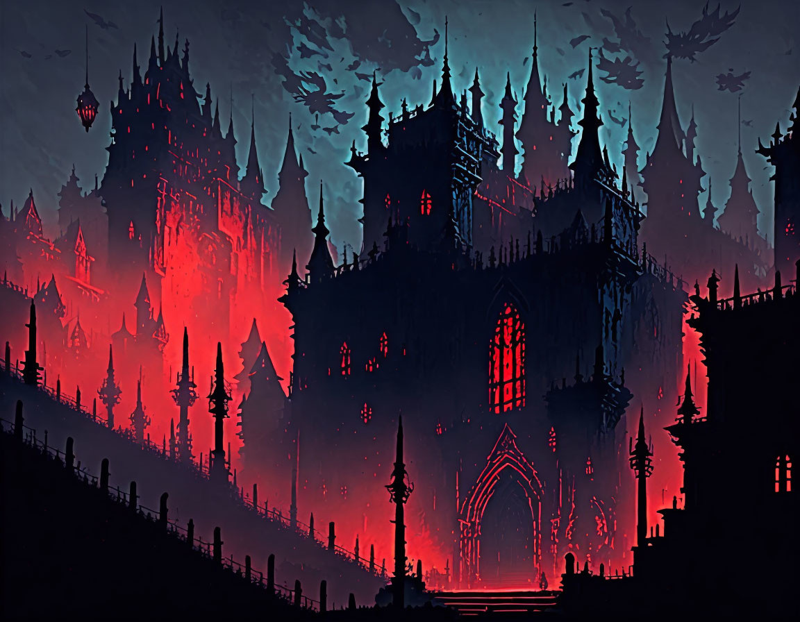 Gothic castle with towering spires against red sky and silhouetted forests