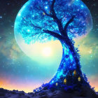 Digital Art: Glowing Blue Tree with House Under Starry Sky