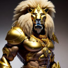 Regal humanoid lion in golden armor with fierce expression