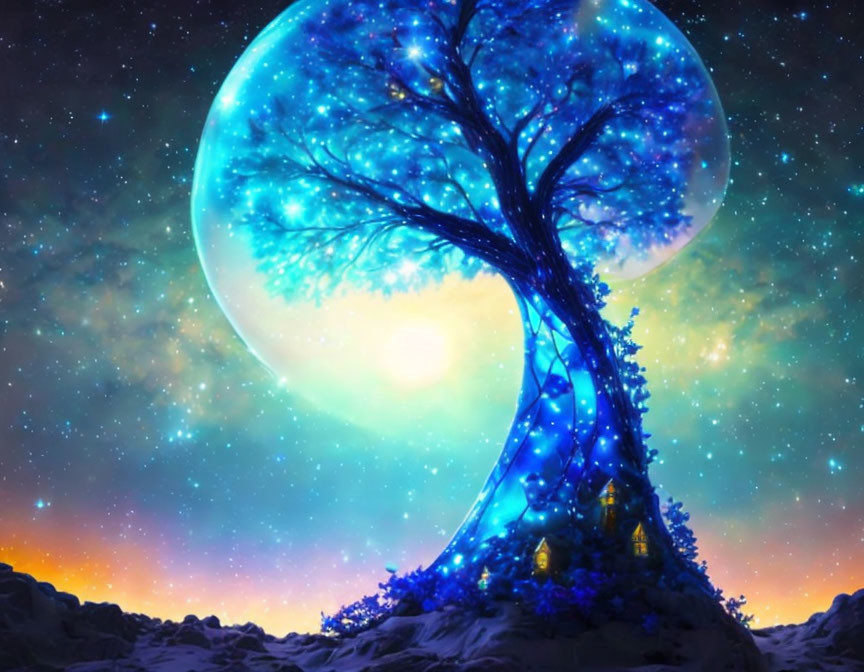 Digital Art: Glowing Blue Tree with House Under Starry Sky