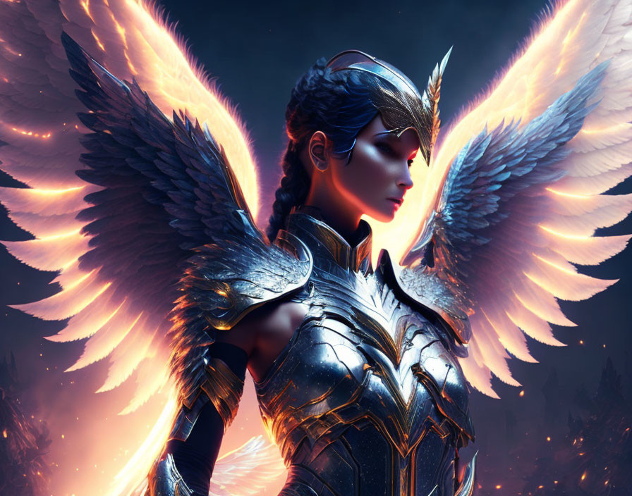 Female warrior with angelic wings in ornate armor on fiery background