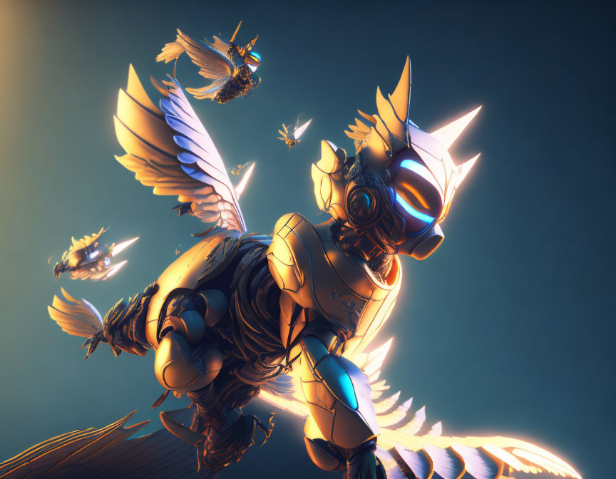 Futuristic knight with winged armor and birds in golden light on blue background