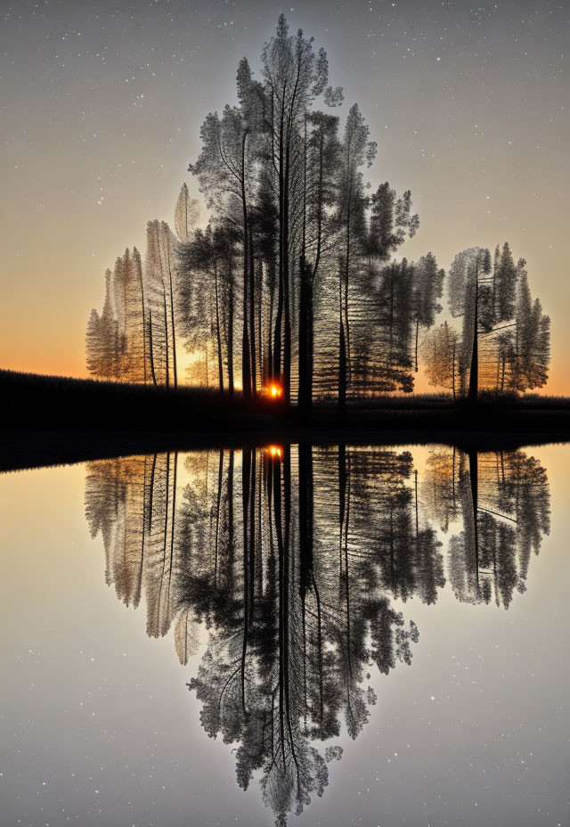 Tranquil sunset reflection in water with trees and stars