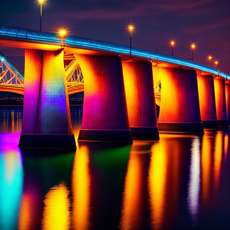 Night scene of illuminated bridge with purple and orange lights reflecting on water and steel bridge under twilight sky