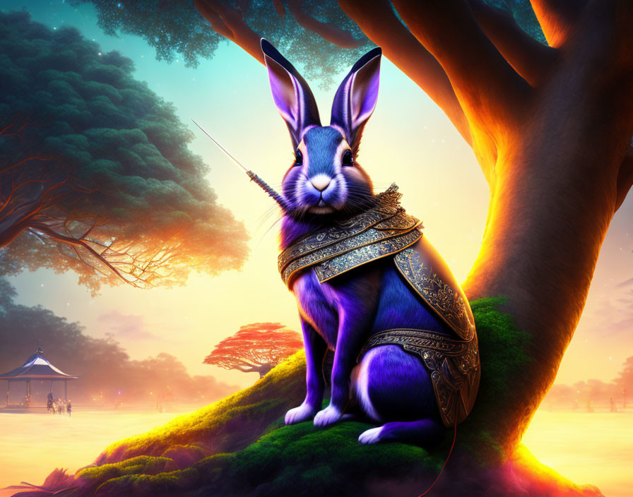 Digital artwork of rabbit in armor with sword in fantasy landscape