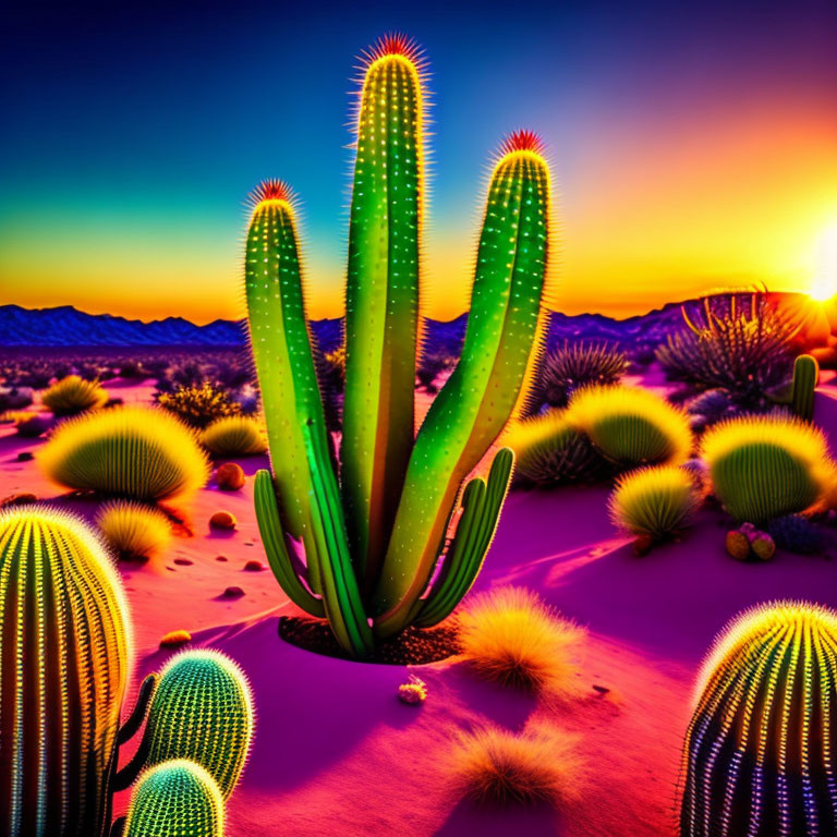 Colorful Desert Sunset with Cacti Silhouettes