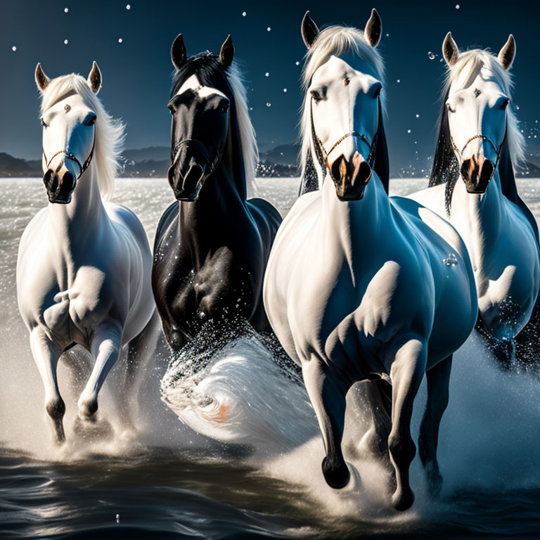 Four horses galloping in water under starry night sky