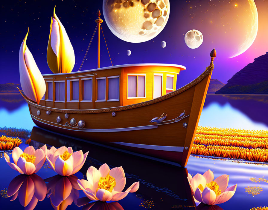 Illustration: Traditional boat with candle-like sails on calm waters with lotus flowers, starry sky