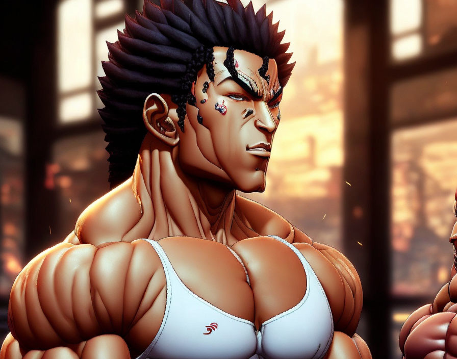 Muscular animated character with spiky hair in tank top against sunset.