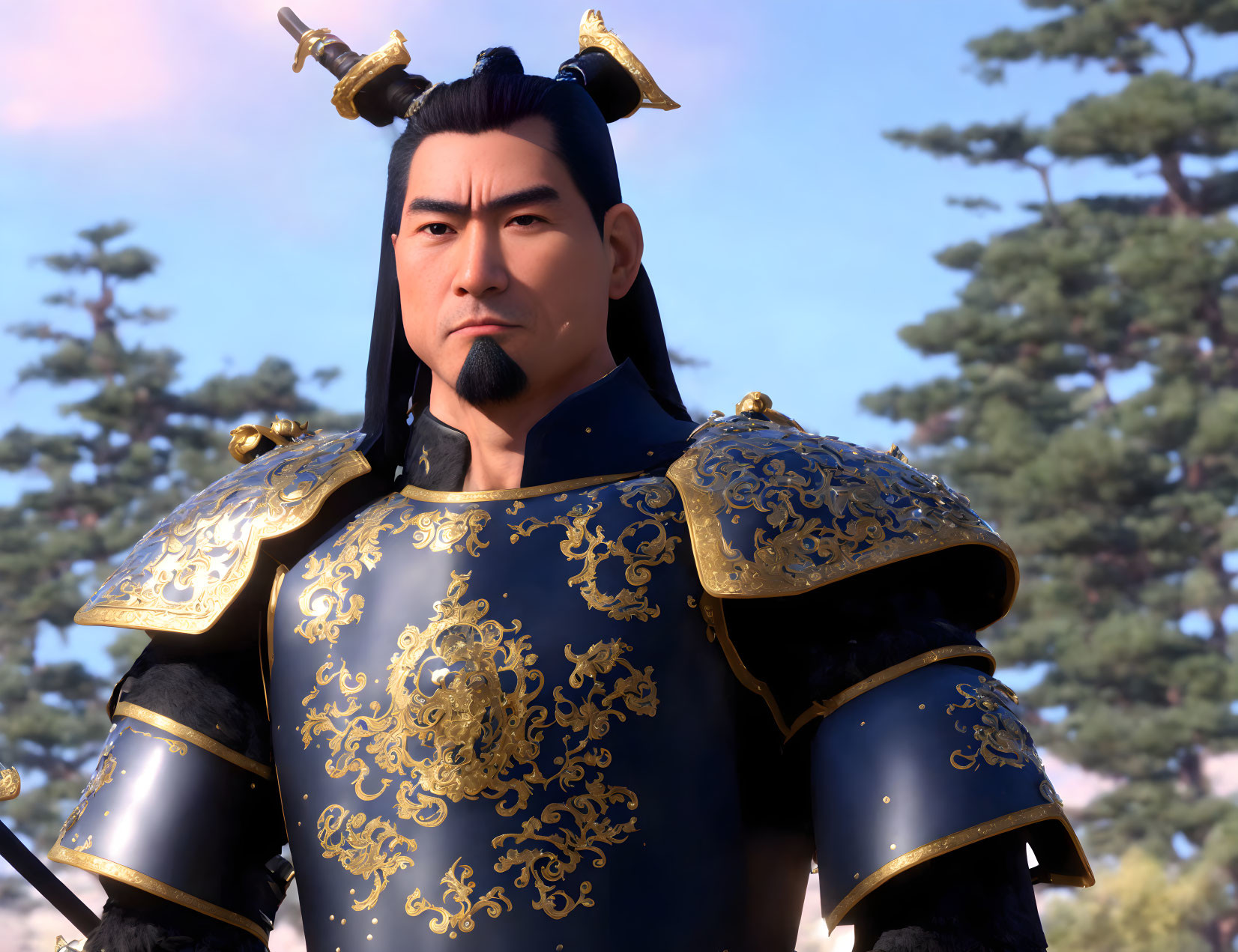 Asian warrior in ornate blue-and-gold armor against pine trees