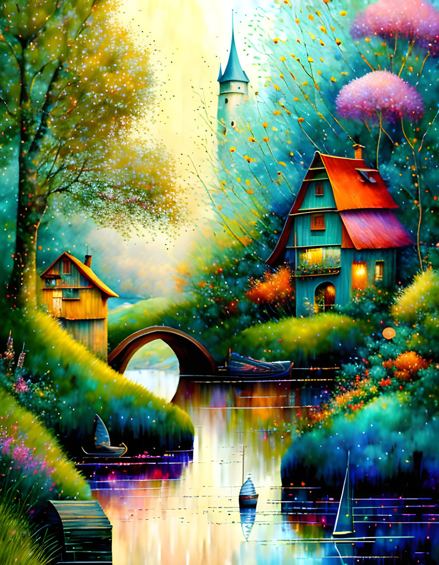 Colorful painting of whimsical village with castle, river bridge, boats, and fireworks sky