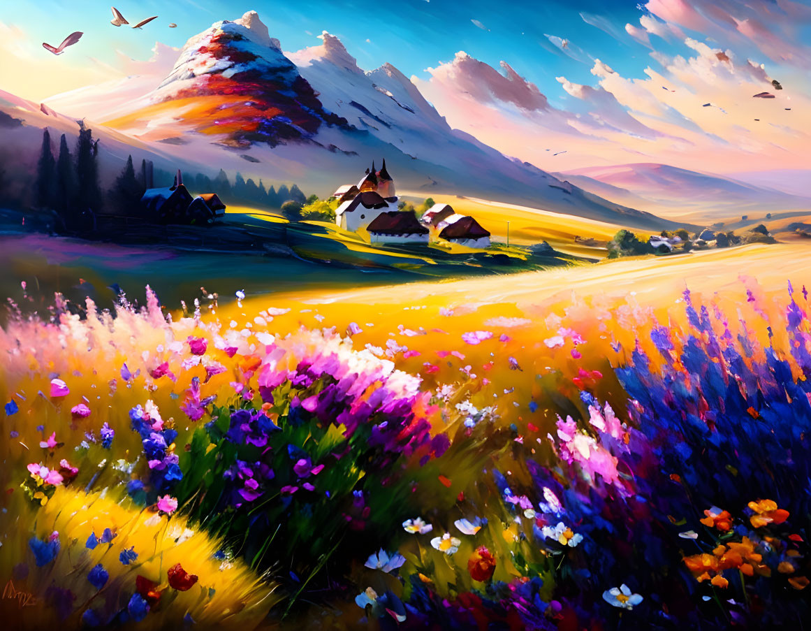 Colorful Mountain Landscape with Flowers and Sunset Sky