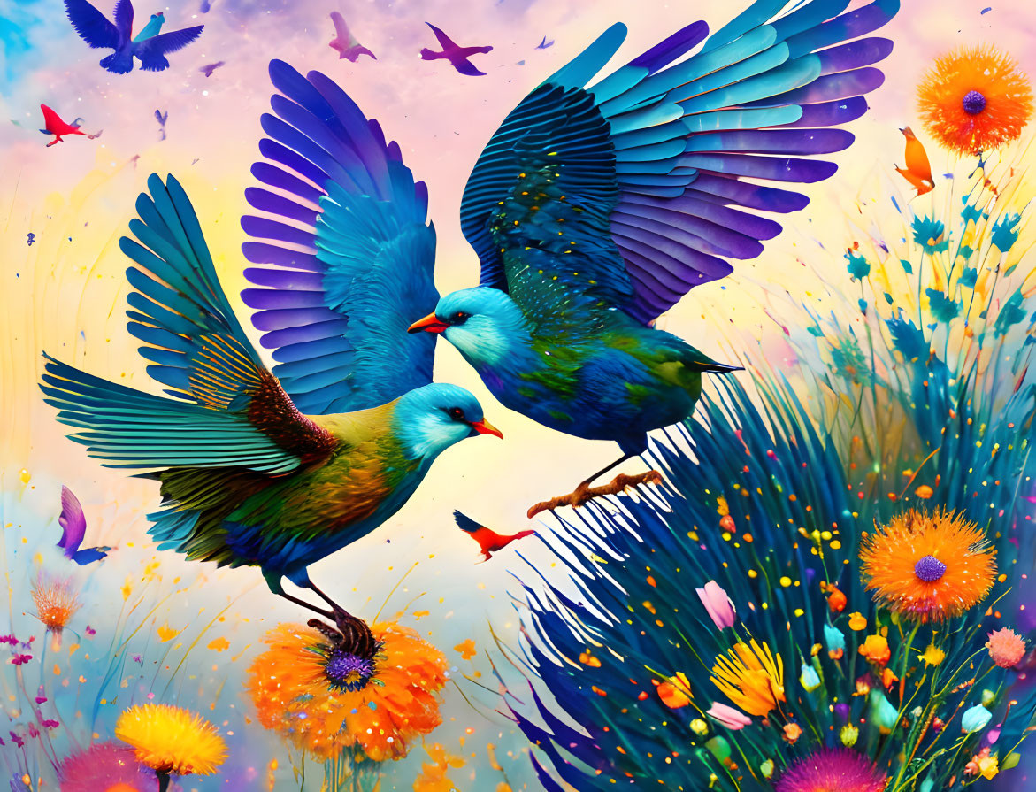 Vibrant blue birds flying over colorful flower field under pink and blue sky