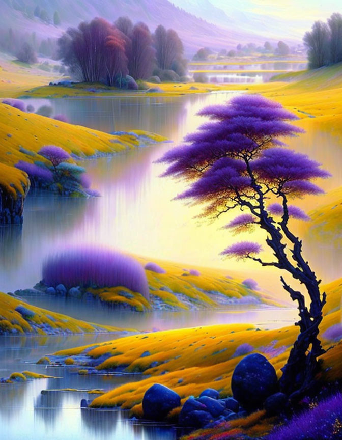 Tranquil landscape with purple tree, river, and rolling hills