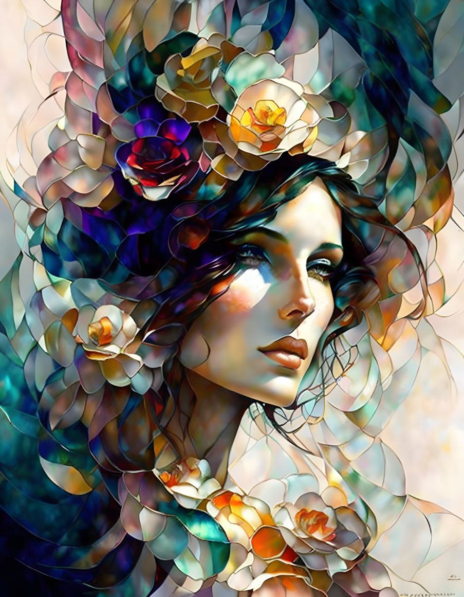 Colorful digital artwork: Woman with floral headdress in blue, gold, purple.