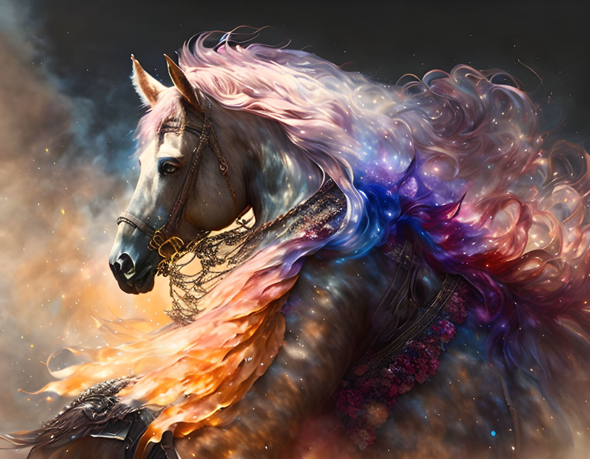 Majestic horse with cosmic-colored mane and tail on dark background